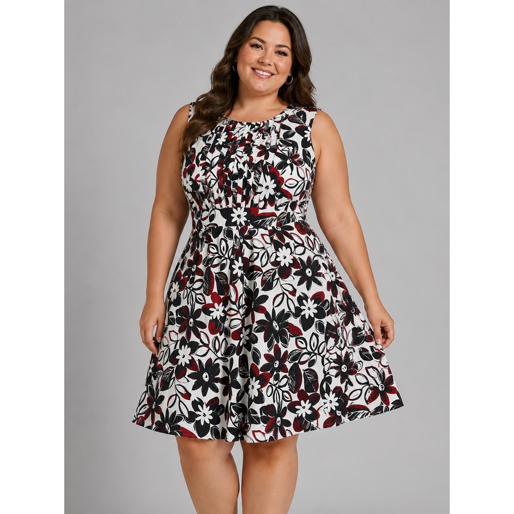 J. Taylor Fit and Flare Dress Women 22W Black Red White Floral Sleeveless Tie